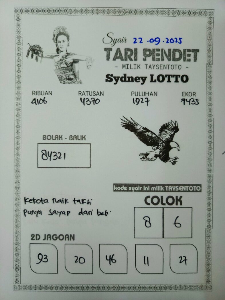 Syair Tari Pendet Sydney Hari ini Senin, 22 September 2025