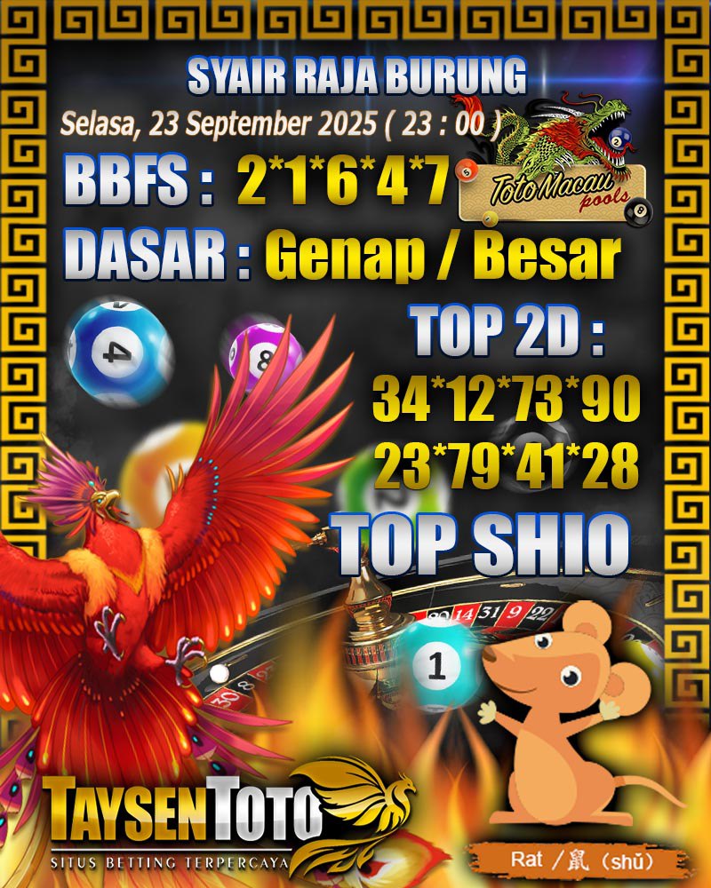 Syair Raja Burung Toto Macau Hari Selasa, 23 September 2025| 23 : 00 WIB