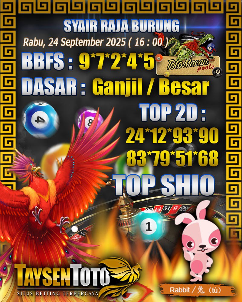 Syair Raja Burung Toto Macau Hari Rabu, 24 September 2025| 16 : 00 WIB