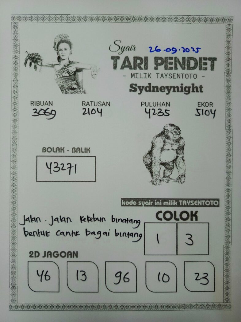 Syair Tari Pendet SydneyNight Hari ini Jumat, 26 September 2025