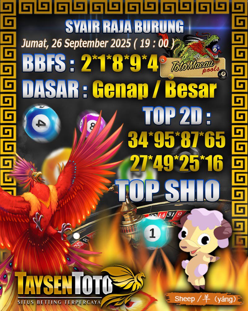 Syair Raja Burung Toto Macau Hari Jumat, 26 September 2025| 19 : 00 WIB