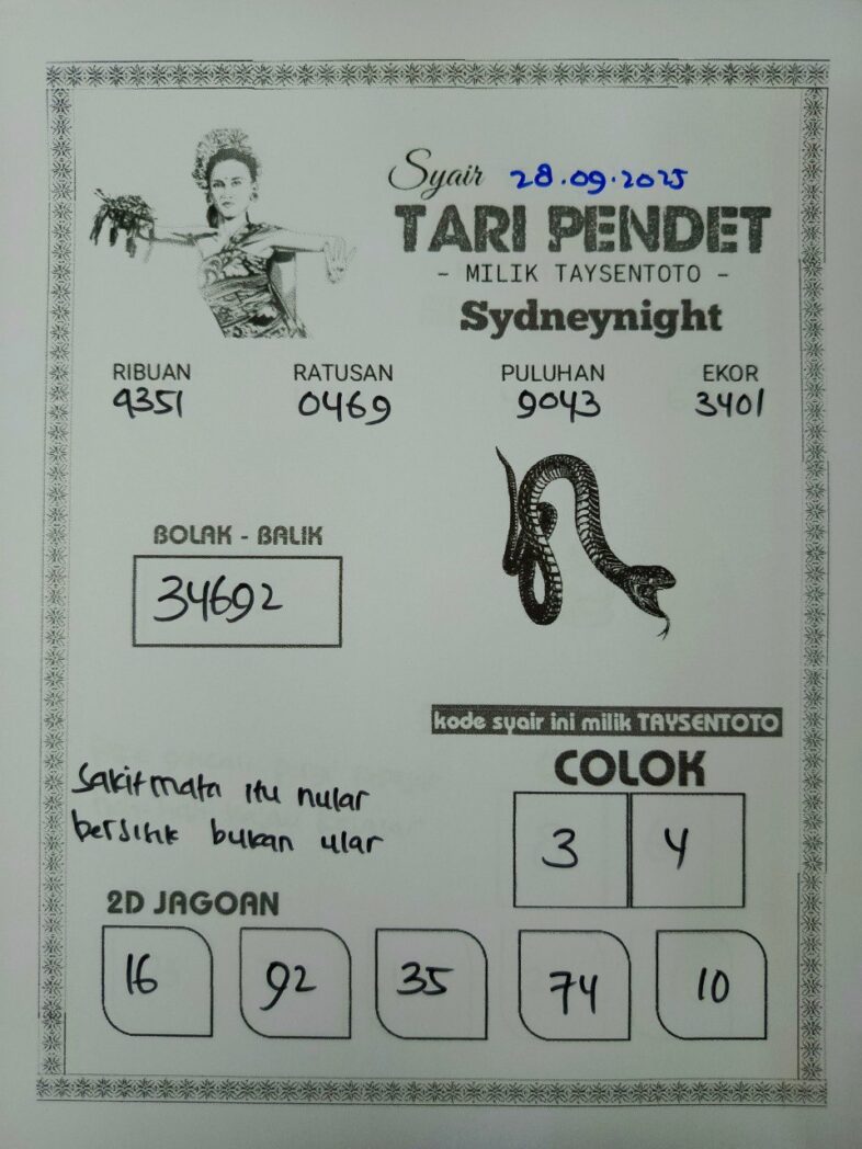 Syair Tari Pendet SydneyNight Hari ini Minggu, 28 September 2025