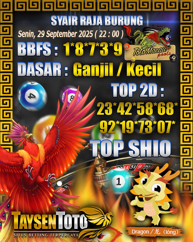 Syair Raja Burung Toto Macau Hari Senin, 29 September 2025| 22 : 00 WIB