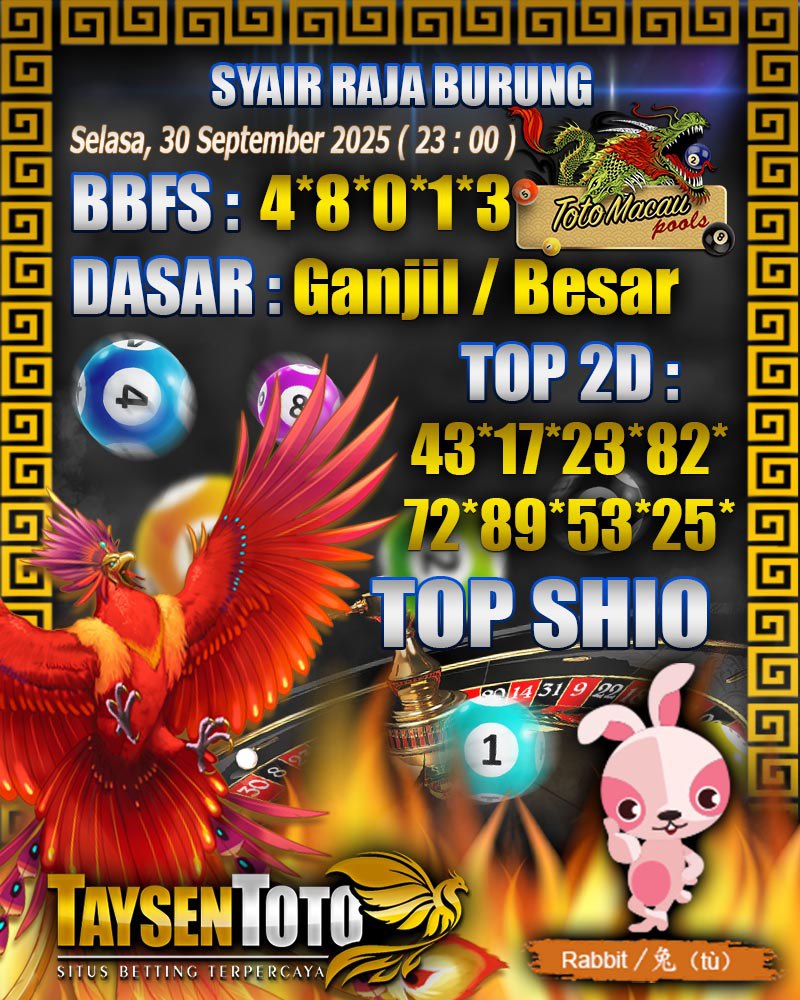 Syair Raja Burung Toto Macau Hari Selasa, 30 September 2025| 23 : 00 WIB