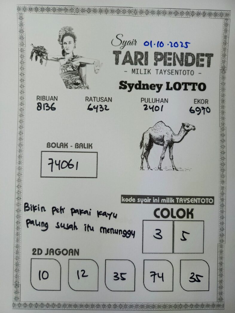 Syair Tari Pendet Sydney Hari ini Rabu, 01 Oktober 2025