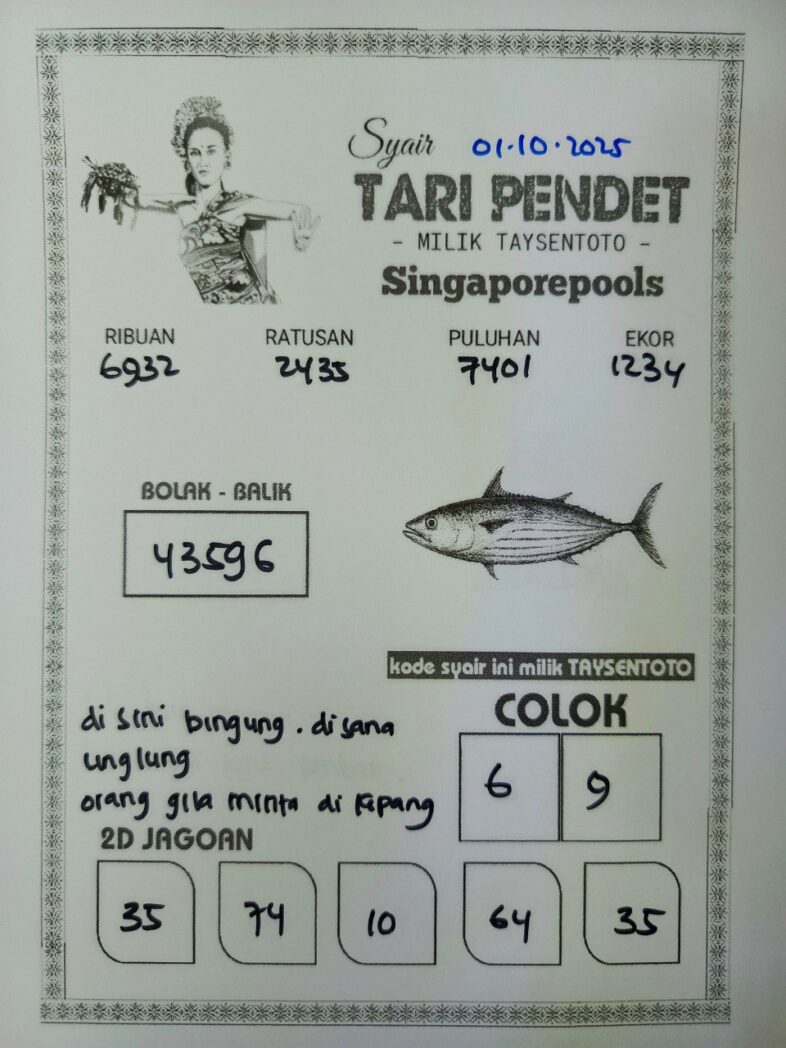 Syair Tari Pendet SGP Hari ini Rabu, 01 Oktober 2025