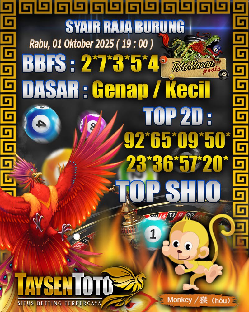 Syair Raja Burung Toto Macau Hari Rabu, 01 Oktober 2025| 19 : 00 WIB