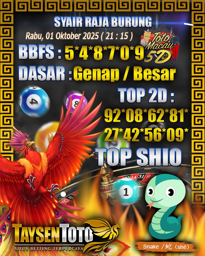 Syair Raja Burung Toto Macau 5D Hari Ini Rabu, 01 Oktober 2025| 21 : 15 WIB