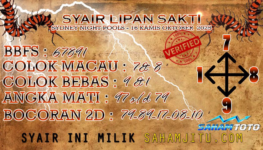 Syair Lipan Sakti SydneyNight Hari ini Kamis, 16 Oktober 2025
