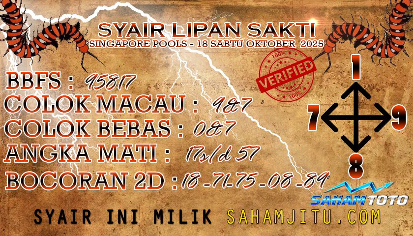 Syair Lipan Sakti SINGAPORE Pools Hari ini Sabtu 18 Oktober 2025