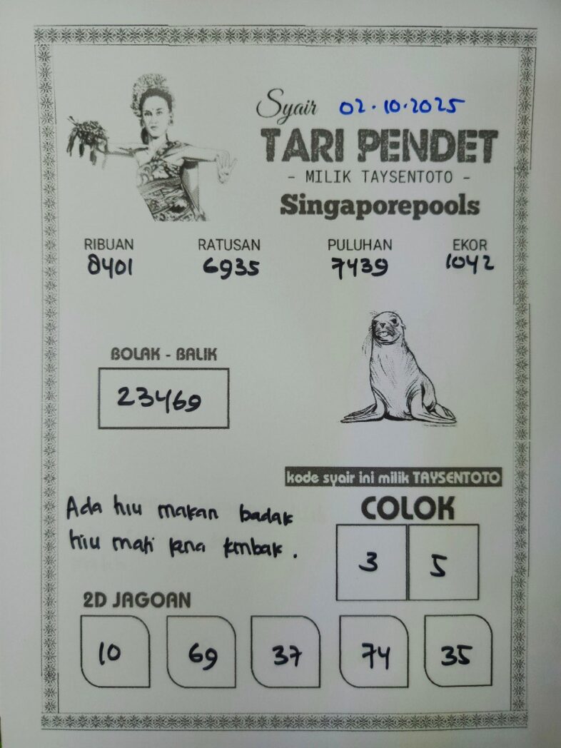 Syair Tari Pendet SGP Hari ini Kamis, 02 Oktober 2025