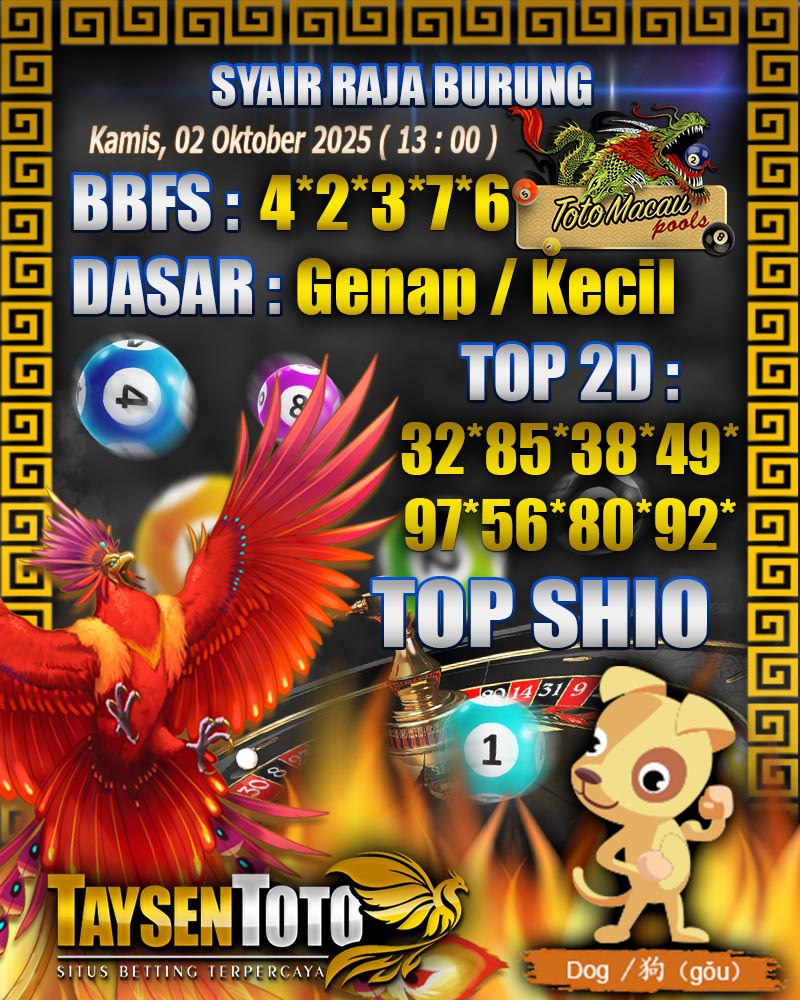 Syair Raja Burung Toto Macau Hari Kamis, 02 Oktober 2025| 13 : 00 WIB