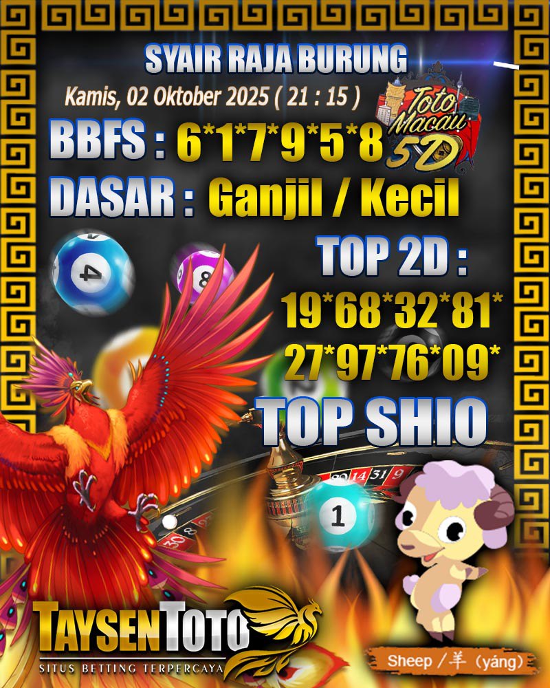 Syair Raja Burung Toto Macau 5D Hari Ini Kamis, 02 Oktober 2025| 21 : 15 WIB