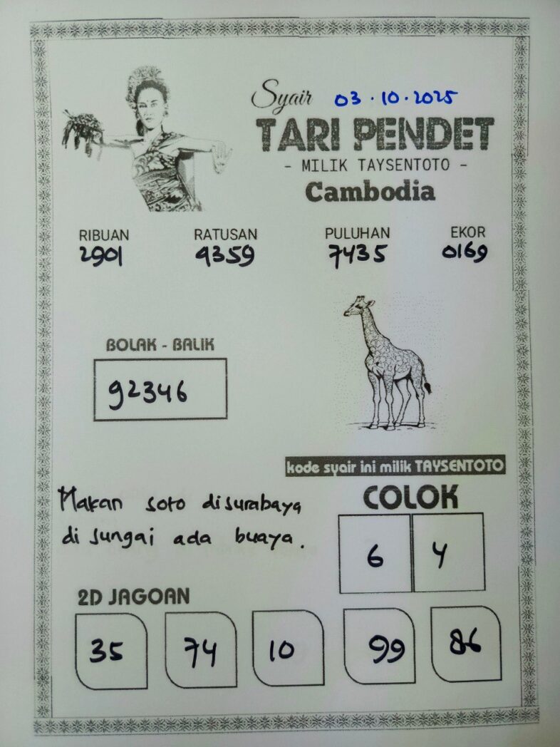 Syair Tari Pendet Cambodia Hari Ini Jumat, 03 Oktober 2025