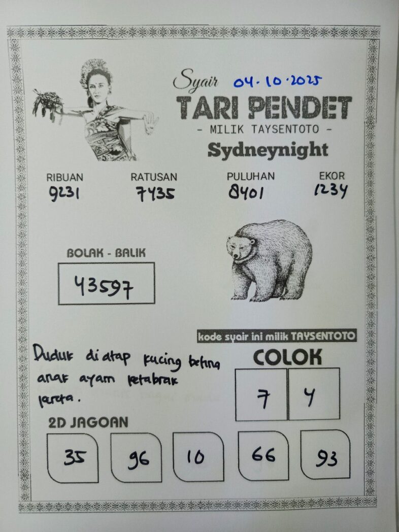 Syair Tari Pendet SydneyNight Hari ini Sabtu, 04 Oktober 2025
