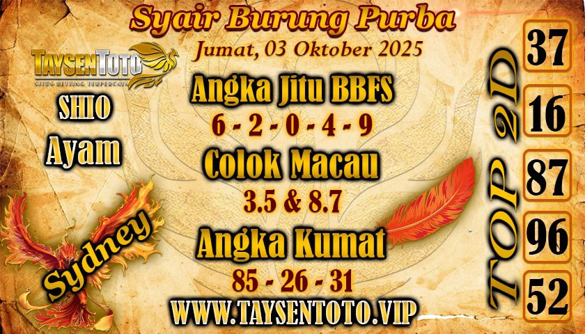 Syair Burung Purba Sydney Hari ini Jumat, 03 Oktober 2025