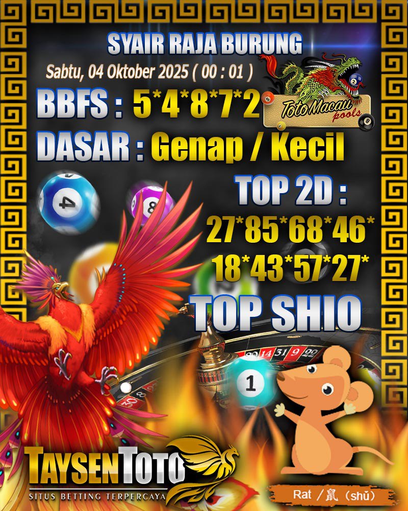 Syair Raja Burung Toto Macau Hari Sabtu, 04 Oktober 2025| 00 : 01 WIB