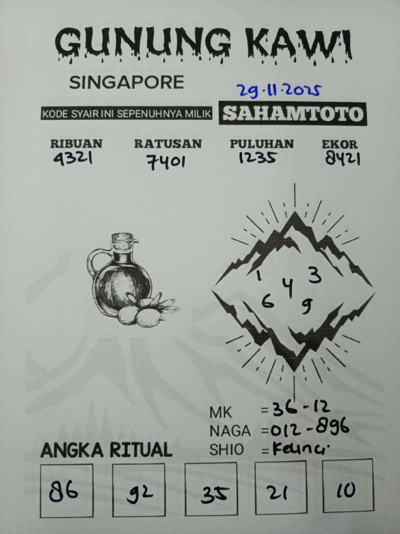 Syair Gunung Kawi SINGAPORE POOLS Hari ini Sabtu 29 november 2025