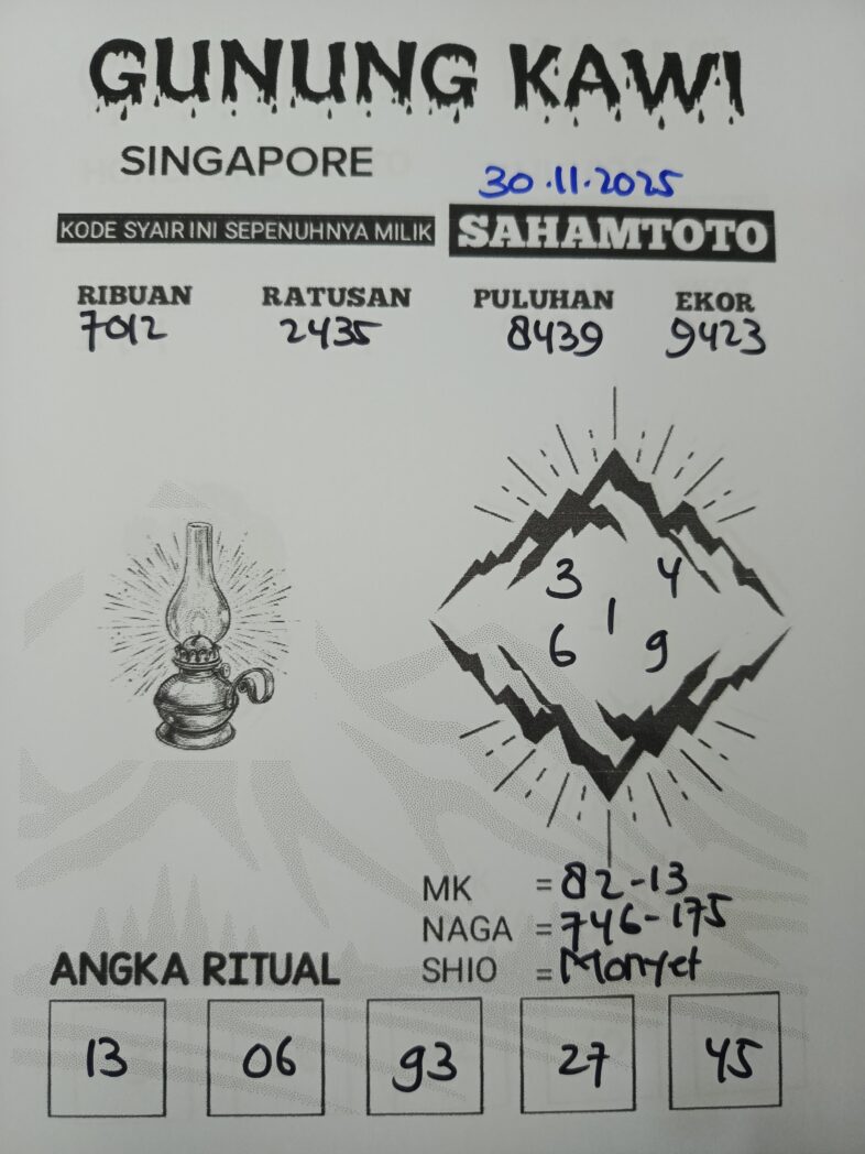 Syair Gunung Kawi Singapore POOLS Hari ini Minggu 30 november 2025
