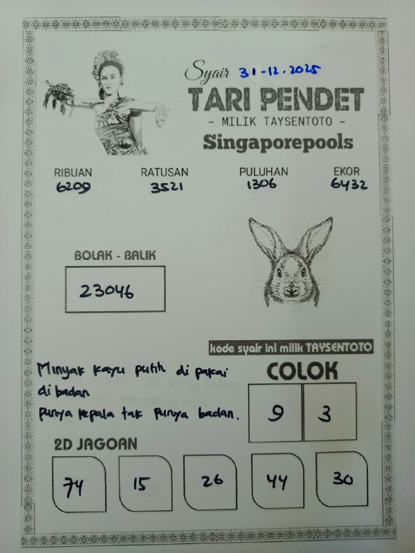 Syair Tari Pendet SGP Hari ini Rabu, 31 Desember 2025