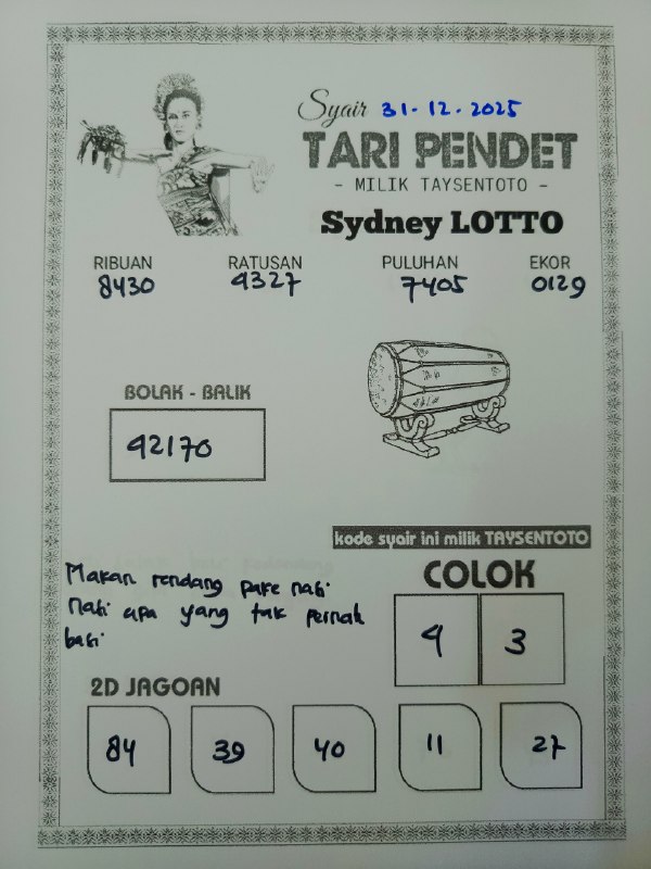 Syair Tari Pendet Sydney Hari ini Rabu, 31 Desember 2025