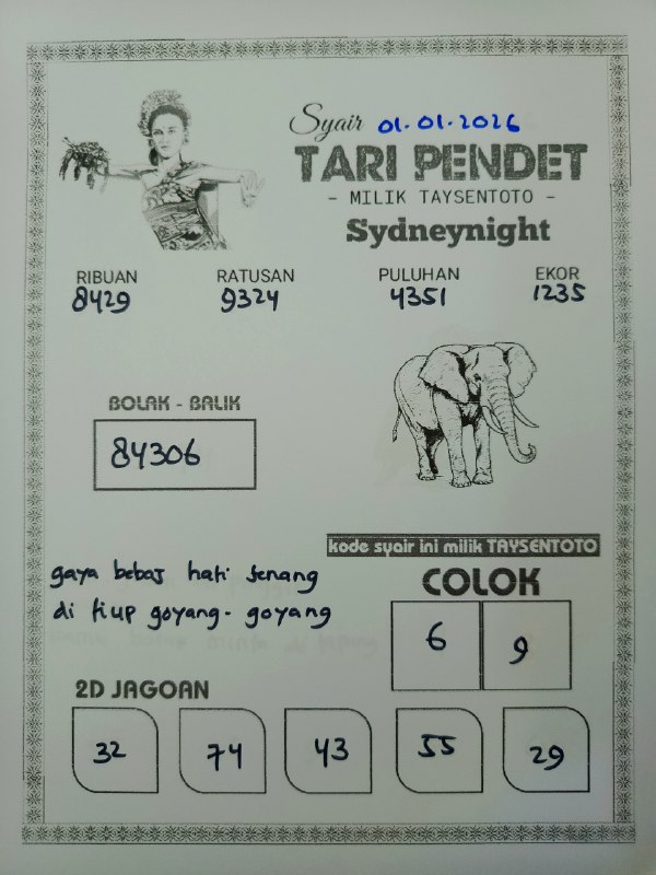Syair Tari Pendet SydneyNight Hari ini Kamis, 01 Januari 2026