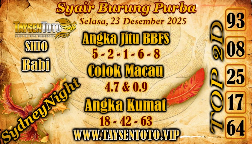 Syair Burung Purba SydneyNight Hari ini Selasa, 23 Desember 2025
