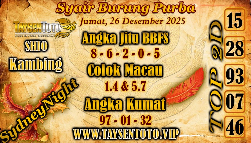 Syair Burung Purba SydneyNight Hari ini Jumat, 26 Desember 2025