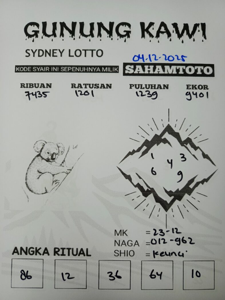 Syair Gunung Kawi SYDNEY LOTTO Hari ini Kamis 04 DESEMBER 2025
