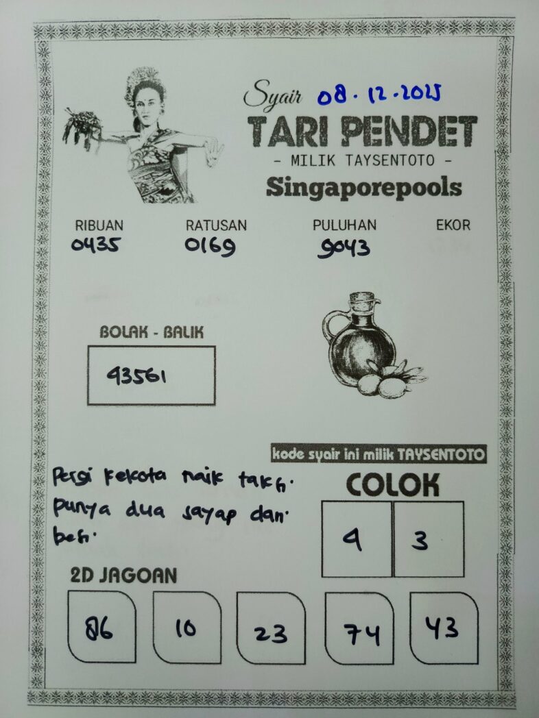 Syair Tari Pendet SGP Hari ini Senin, 08 Desember 2025