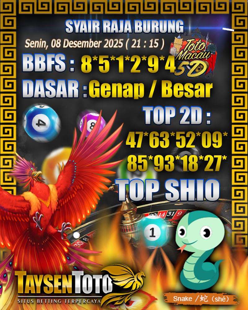 Syair Raja Burung Toto Macau 5D Hari Ini Senin, 08 Desember 2025| 21 : 15 WIB