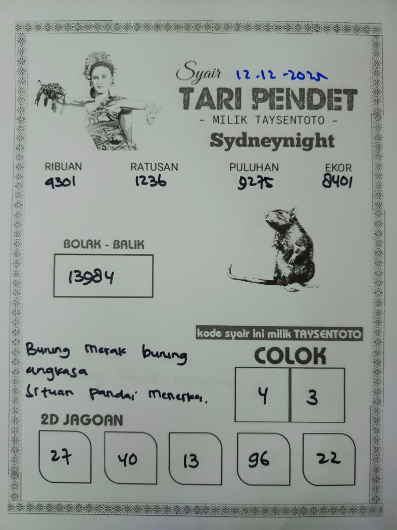 Syair Tari Pendet SydneyNight Hari ini Jumat, 12 Desember 2025
