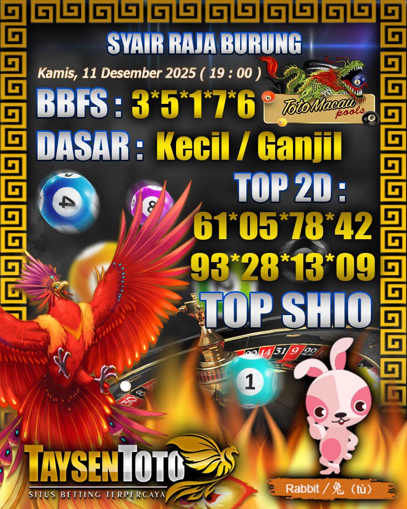 Syair Raja Burung Toto Macau Hari Kamis, 11 Desember 2025| 19 : 00 WIB