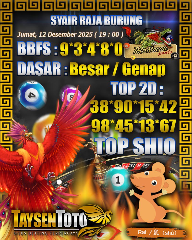 Syair Raja Burung Toto Macau Hari Jumat, 12 Desember 2025| 19 : 00 WIB