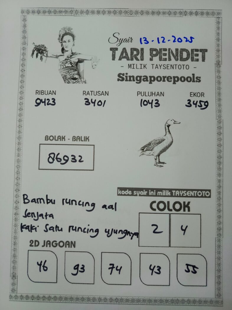 Syair Tari Pendet SGP Hari ini Sabtu, 13 Desember 2025