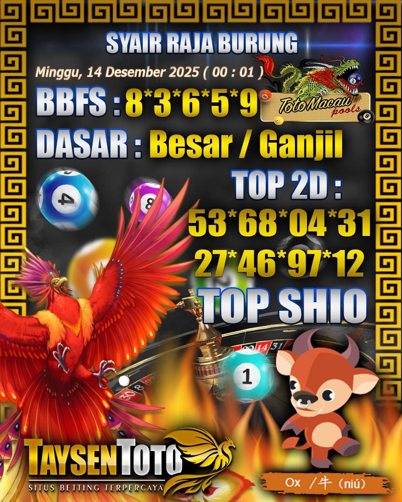 Syair Raja Burung Toto Macau Hari Minggu, 14 Desember 2025| 00 : 01 WIB