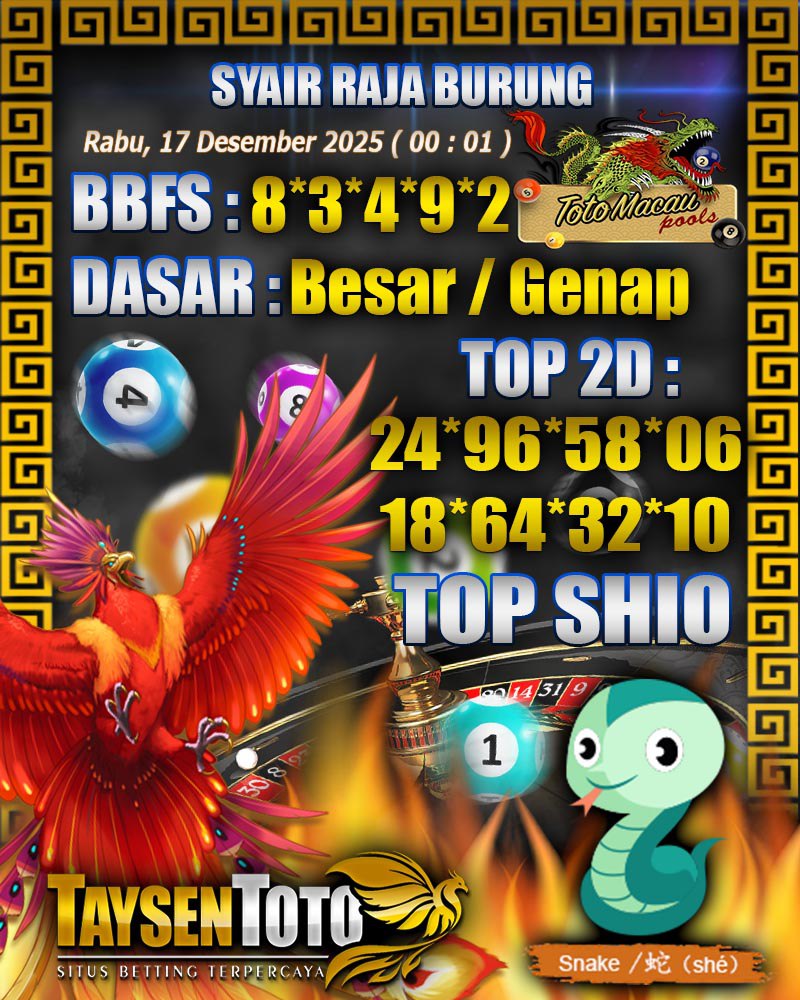 Syair Raja Burung Toto Macau Hari Rabu, 17 Desember 2025| 00 : 01 WIB