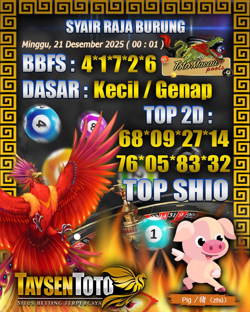 Syair Raja Burung Toto Macau Hari Minggu, 21 Desember 2025| 00 : 01 WIB