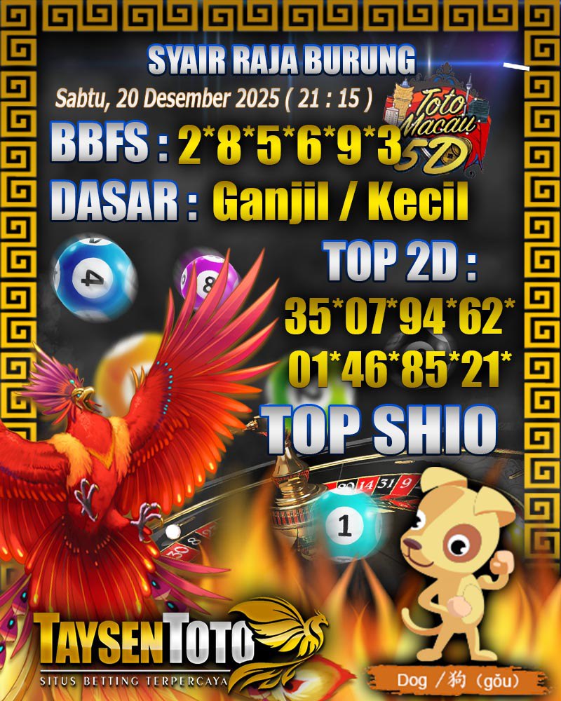 Syair Raja Burung Toto Macau 5D Hari Ini Sabtu, 20 Desember 2025| 21 : 15 WIB