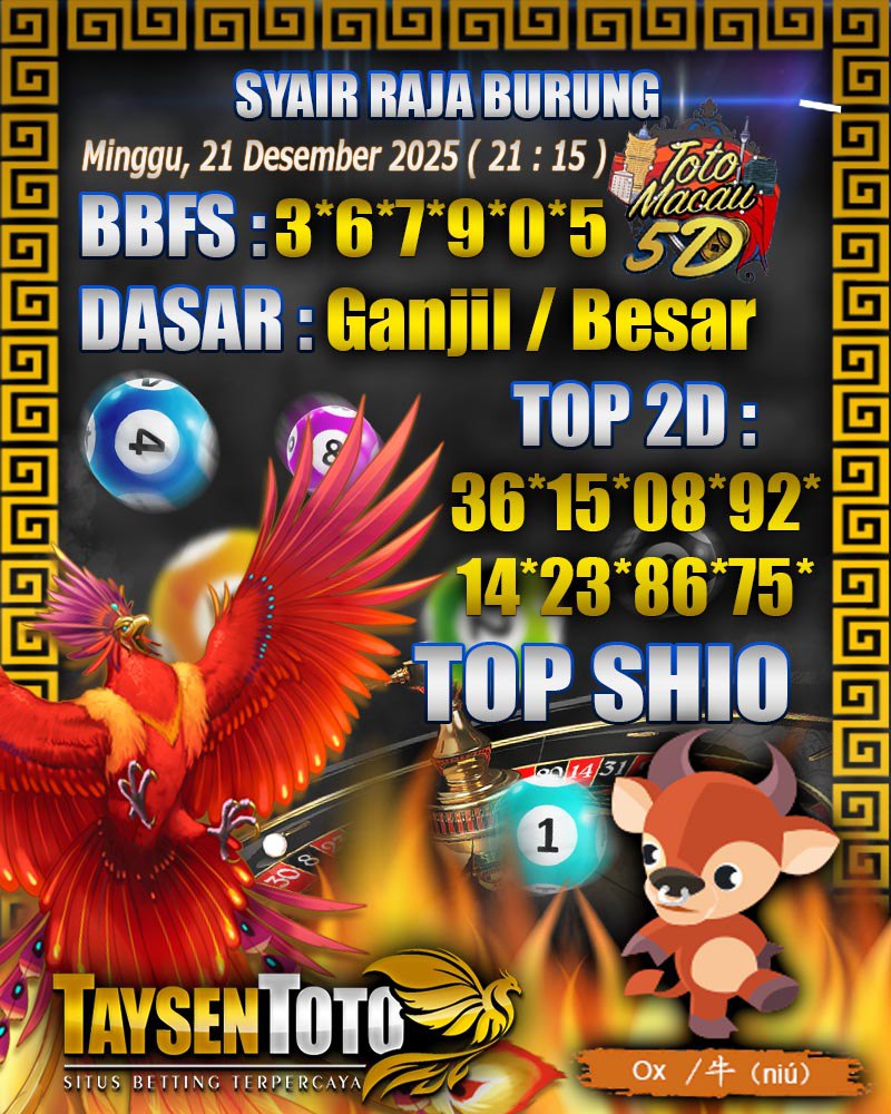 Syair Raja Burung Toto Macau 5D Hari Ini Minggu, 21 Desember 2025| 21 : 15 WIB