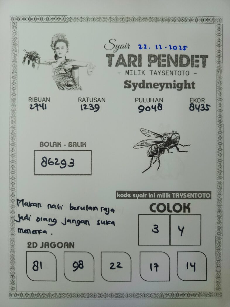 Syair Tari Pendet SydneyNight Hari ini Senin, 22 Desember 2025