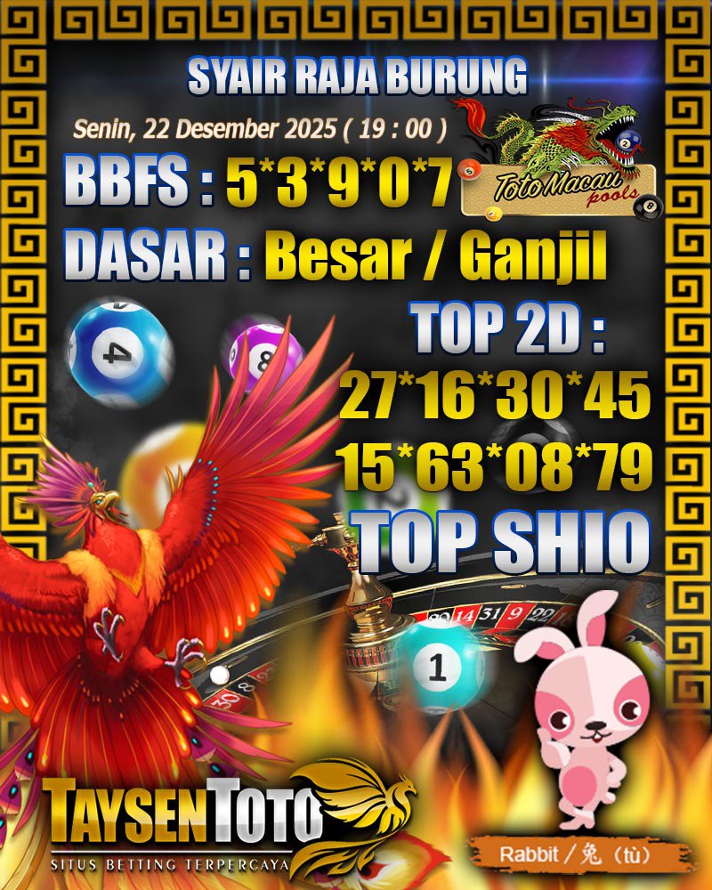Syair Raja Burung Toto Macau Hari Senin, 22 Desember 2025| 19 : 00 WIB