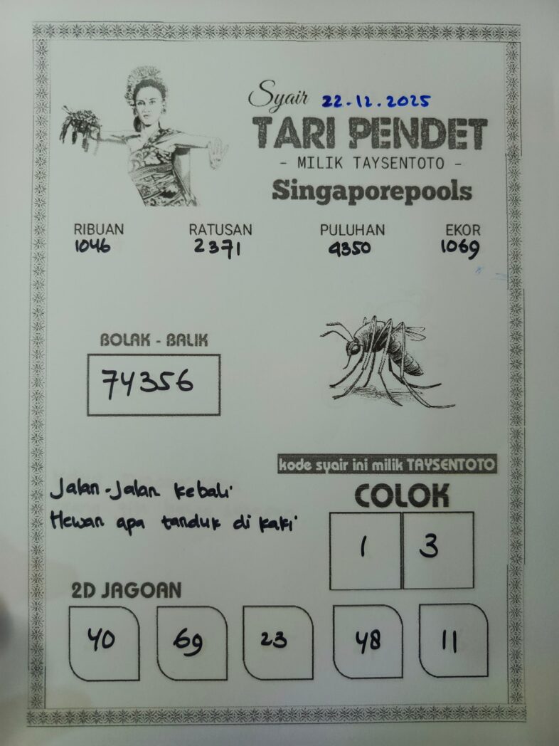 Syair Tari Pendet SGP Hari ini Senin, 22 Desember 2025