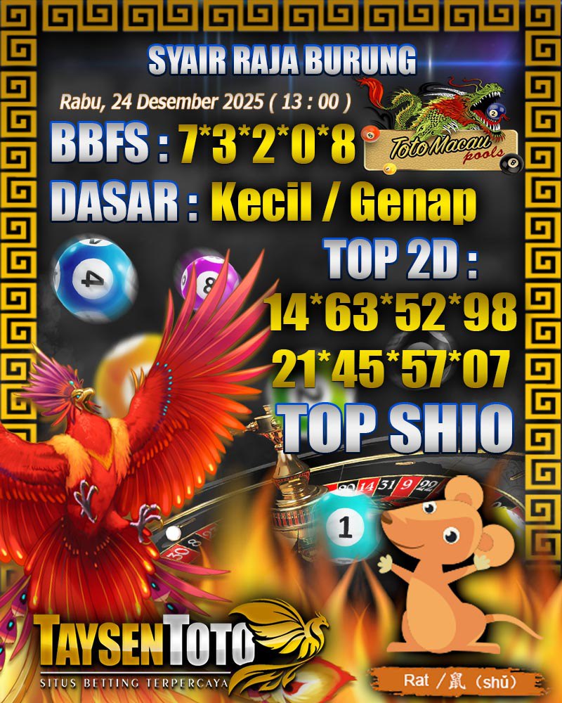 Syair Raja Burung Toto Macau Hari Rabu, 24 Desember 2025| 13 : 00 WIB