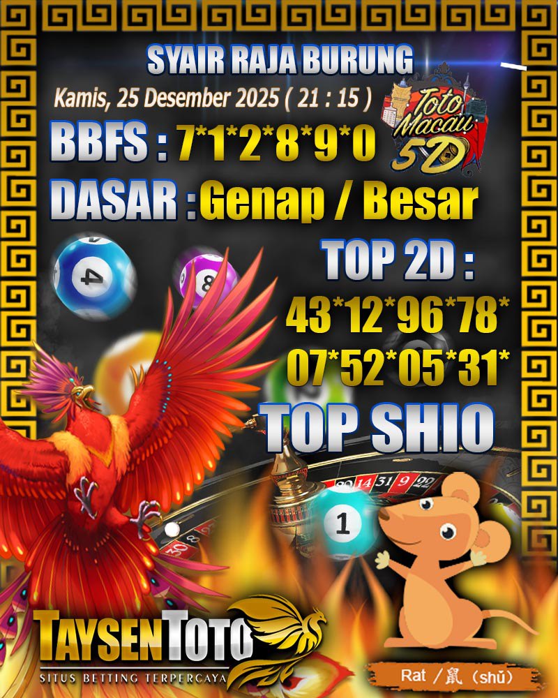 Syair Raja Burung Toto Macau 5D Hari Ini Kamis, 25 Desember 2025| 21 : 15 WIB