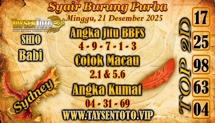 Syair Burung Purba Sydney Hari ini Minggu, 21 Desember 2025