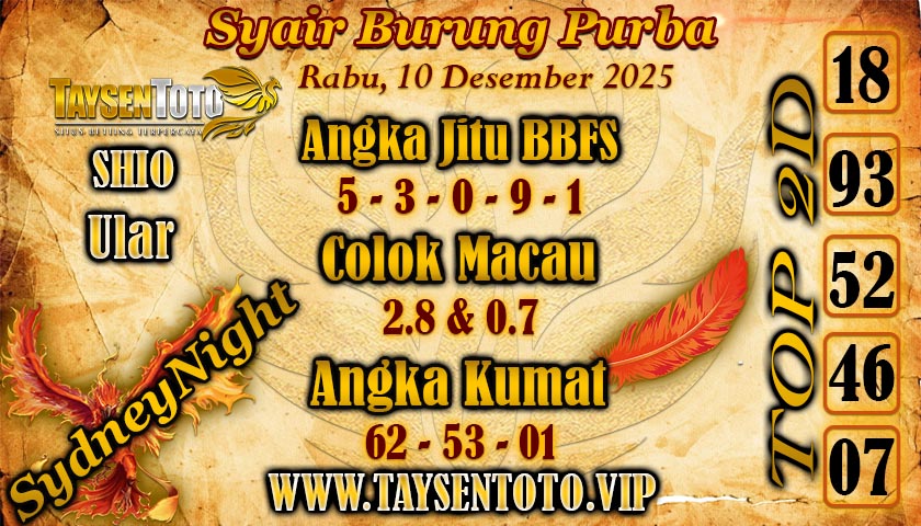 Syair Burung Purba SydneyNight Hari ini Rabu, 10 Desember 2025