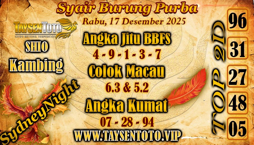 Syair Burung Purba SydneyNight Hari ini Rabu, 17 Desember 2025