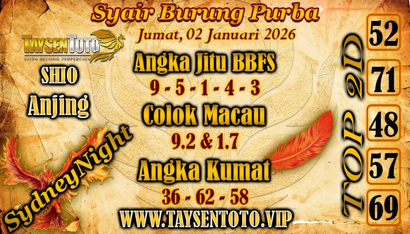 Syair Burung Purba SydneyNight Hari ini Jumat, 02 Januari 2026