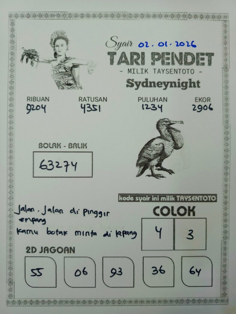 Syair Tari Pendet SydneyNight Hari ini Jumat, 02 Januari 2026